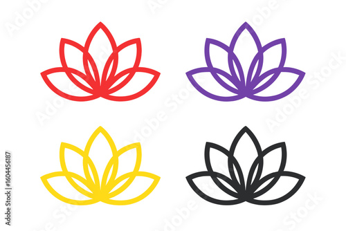 Glowing lotus flower icon set in red purple gold and charcoal hues, elegant outline floral logos for spa yoga meditation wellness branding, vibrant neon vector illustration