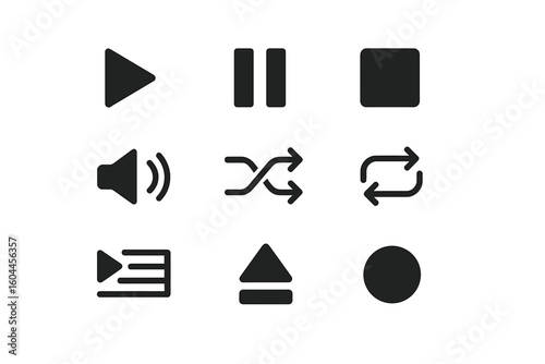 Multimedia control icons set play pause stop volume shuffle repeat playlist eject record. Modern black interface buttons for apps websites media players. Vector illustration