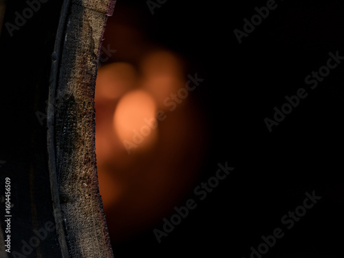 Close-up of a charred whisky barrel rim