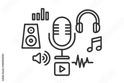 Audio music sound technology icon set microphone headphones speaker equalizer volume waveform podcast recording studio broadcast entertainment media vector illustration