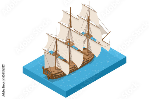 An isometric illustration of a large, majestic wooden sailboat with multiple full white sails, majestically gliding on blue water, symbolizing nautical adventure and historical voyages.