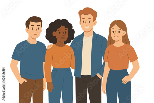 Diverse young adults smiling together, global colleagues promoting teamwork, inclusive workforce, corporate collaboration, office unity, friendship concept, vector illustration