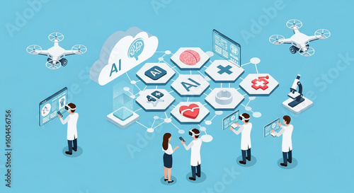 Isometric illustration of AI-powered healthcare. Featuring doctors, drones, and medical icons connected by a cloud network, symbolizing technological advancements in medicine.