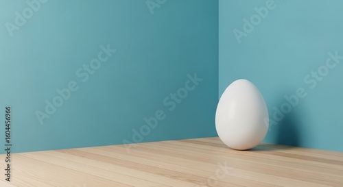 A single white egg rests on a wooden floor against a teal blue wall. This minimal, modern scene with ample copy space is perfect for Easter, spring, new life, hope, and fresh beginnings.