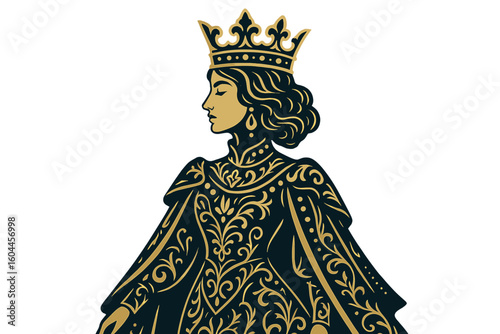 Elegant Queen Playing Card Character, Royalty Themed Decorative Vector Illustration with Ornate Gold Crown and Filigree Gown, Regal Fashion Figure Transparent Background for Card Games, Casino, Design