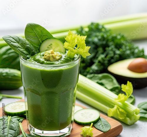 Fresh green smoothie with spinach, kale, and cucumber garnished with celery refreshing drink preparation