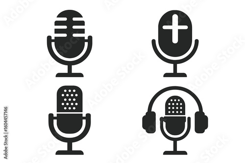 Microphone icon set for podcast, music, audio recording, live streaming and broadcast, varied studio mics silhouettes, flat vector illustration isolated on transparent background