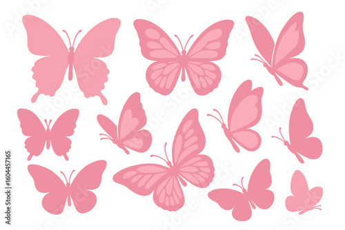 Pink butterfly silhouettes collection on dreamy blurred rose gradient background, delicate transparent vector pattern for feminine spring design, romantic nature fantasy decoration
