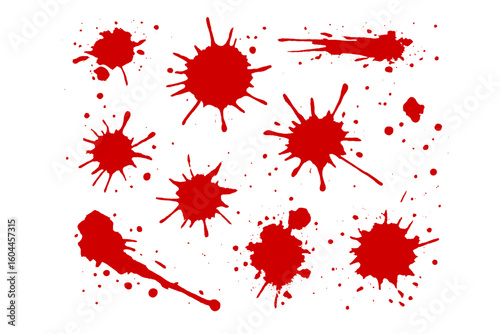 Grunge red ink and blood splatter vector set, paint splash stains, messy crime scene texture, abstract spray blotches, Halloween gore graphics, isolated design elements illustration