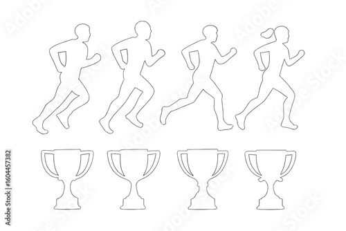 Running athlete silhouettes sprinting, marathon jogging figures, male and female competitors, five empty champion trophy cup icons on dark gradient background illustration