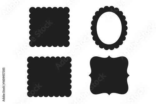 Scalloped frame vector collection of decorative blank labels and borders square, oval, bracket shapes, black silhouette art templates on transparent background for scrapbooking