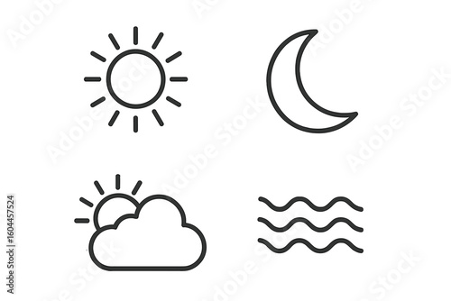 Minimalist weather icon set with outline sun, crescent moon, partly cloudy sky, sea waves symbols. Line art meteorology pictograms for app UI, climate infographic vector design