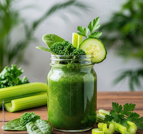 Fresh green smoothie with spinach, kale, and cucumber garnished with celery refreshing drink preparation