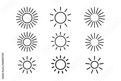 Sunburst sun line icon set collection black white vector illustrations retro modern minimalist style sunshine rays logo symbols design elements transparent background