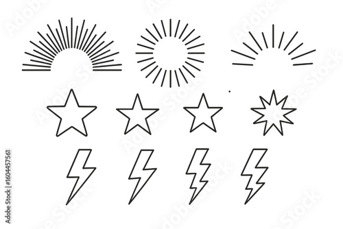 Sunburst starburst vector outline collection retro stars lightning bolt line art designs for logos branding vintage aesthetic elements transparent background