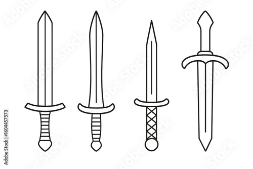 Medieval sword outline vector set: simple black line art broadsword, dagger, knight blade icons, classic armory weapons collection for infographic, game UI, transparent background