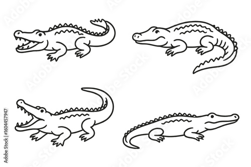 Set of cute crocodile and alligator outline vectors for kids coloring books and crafts. Cartoon reptile wildlife clipart icons isolated on transparent background for zoo design