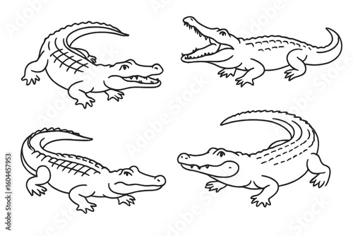 Cartoon crocodile and alligator outline bundle set for kids coloring book, DIY crafts, wildlife zoo education, reptile mascot clipart, fun animal doodle, black line vector isolated