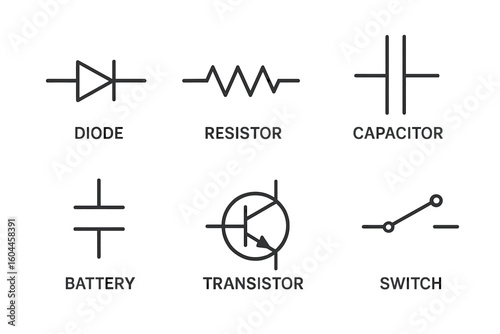 Electronic circuit symbols set for schematics. Electrical diagram icons: diode, resistor, capacitor, battery, transistor, switch. Vector for technical engineering designs.