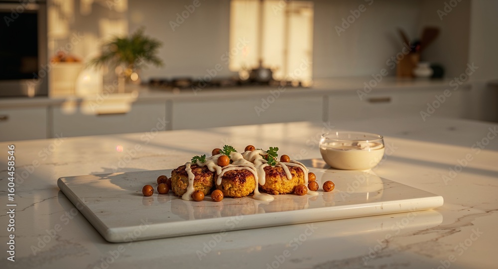 Fototapeta premium Three patties topped with white sauce and small round vegetables on a white serving board in a kitchen