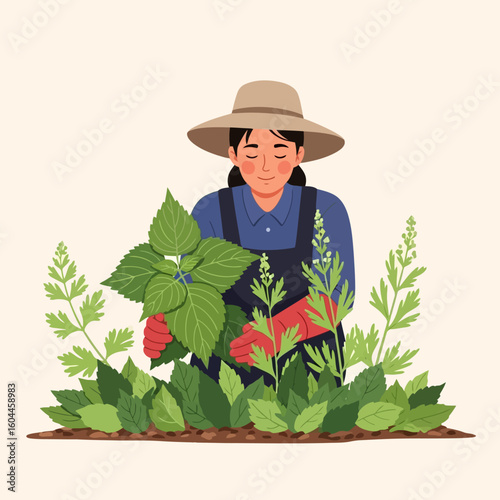 Woman Gardening Plants in Garden Patch with Hat and Gloves