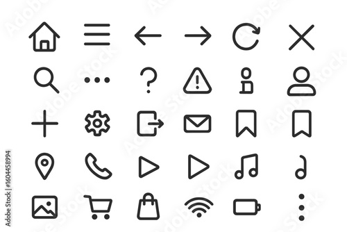 UI UX icon set. Essential line icons for mobile app and web design. Basic symbols for user interface navigation. Includes home, menu, user, search, settings, arrow icons.