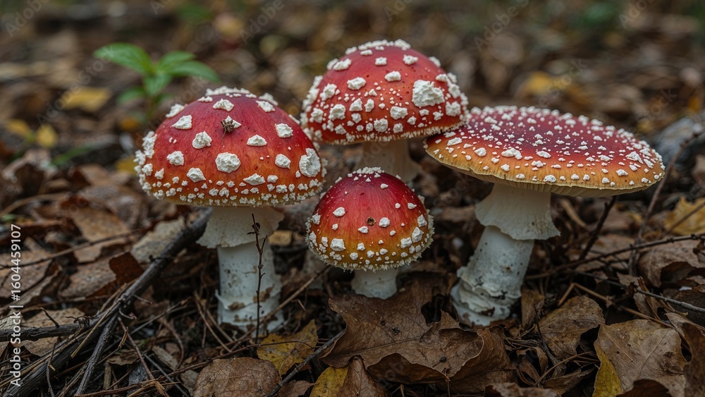 Fototapeta premium Red and white spotted toxic toadstool fungi in a woodland setting during fall. Close-up macro shot from a low angle.