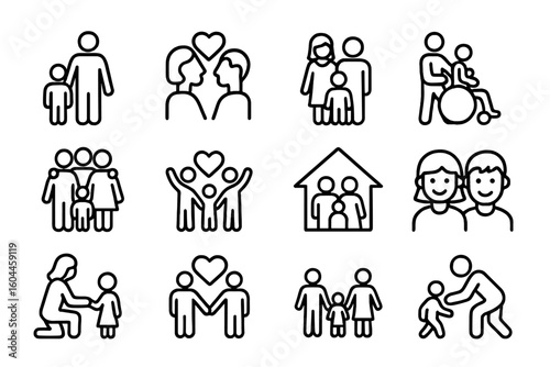 Family Relationships and Inclusion Concept Set—Parenting, Couples, Children, Disability, Community, Love, Unity, Care, Happiness, Togetherness, Home, Support, Line Art Vector