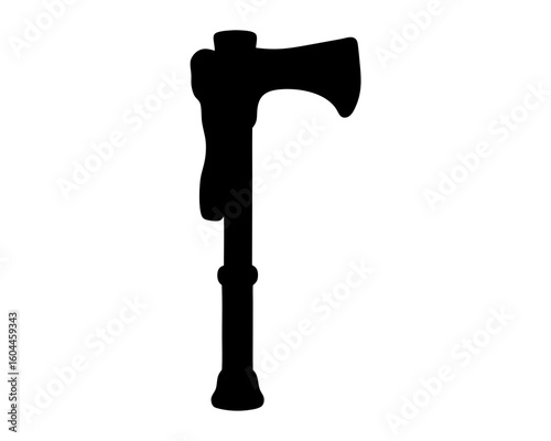 A silhouette of a tomahawk pipe with ornate wooden handle and design
