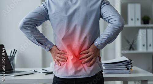Person with acute lower back pain in office. Health issue, discomfort, and poor posture concept.