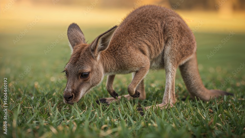 Fototapeta premium Charming young hopping mammal munching grass, detailed wildlife portrait