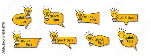 Quick tips logo set in yellow with a light bulb. Templates for helpful advice, tricks, solution, suggestion. Flat modern minimal trend. Vector illustration isolated on a white background