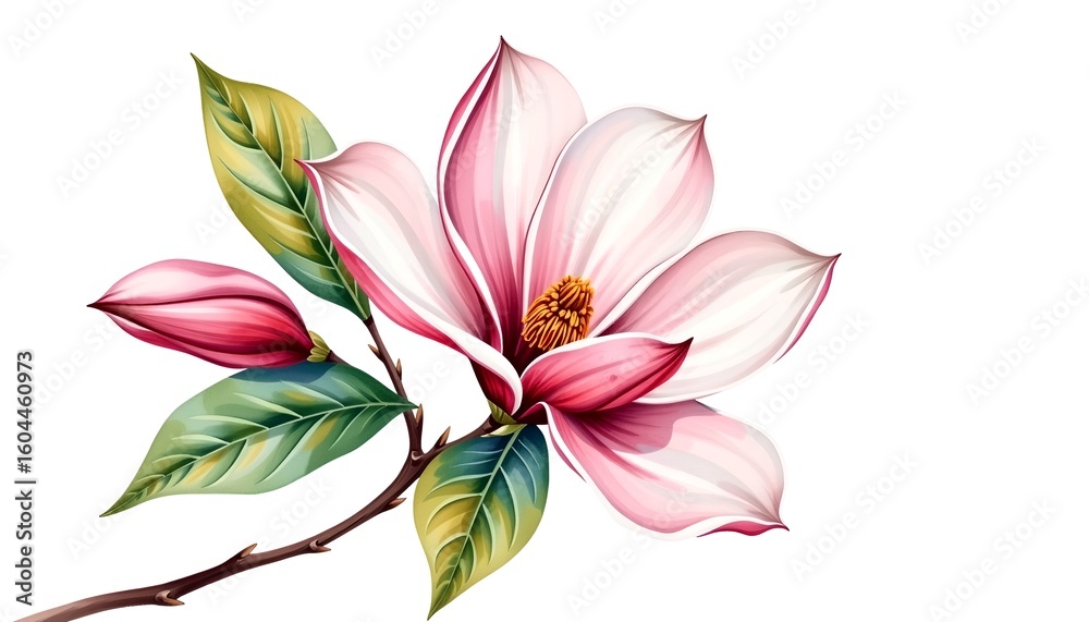 Naklejka premium A delicate depiction of a magnolia flower with vibrant petals, leaves, and stem, capturing its natural beauty