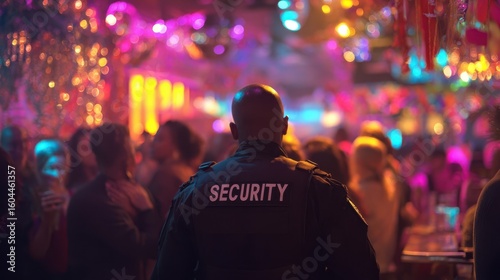 The security guard overseeing a lively nightlife scene filled with vibrant colors.