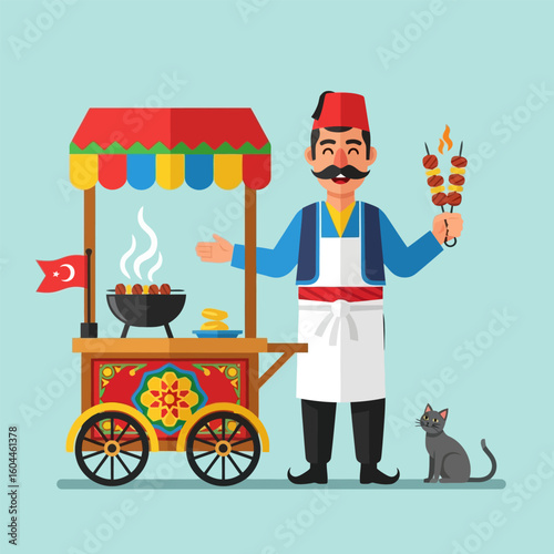 Selling Turkish Street Food From Cart with Charcoal Grill and Skewers