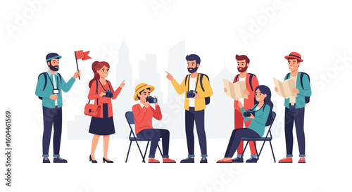 A group of tourists are sightseeing, with some holding maps, taking photos, and one carrying a flag.
