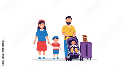 A family of four, including two children, traveling with a stroller and suitcase, depicted in a cartoon illustration.
