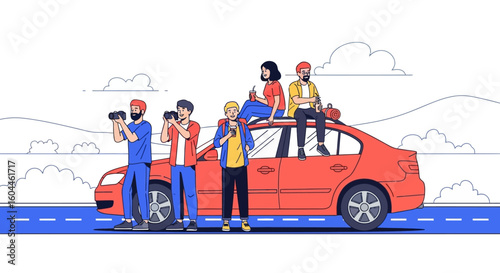 A group of people, some taking photos, are gathered around and on top of a red car, enjoying a trip.