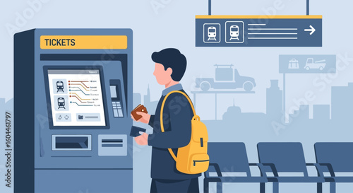 Man purchasing train ticket from automated kiosk at station.