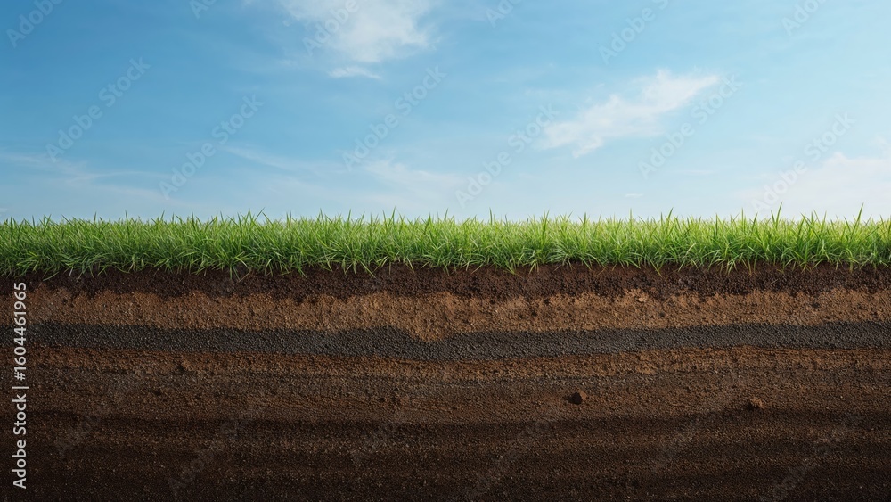Fototapeta premium Side view of terrain with soil base, grass topping, and vivid blue sky