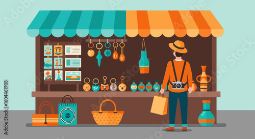 Tourist browsing souvenirs at a vibrant market stall, filled with handcrafted keychains, postcards, and pottery.