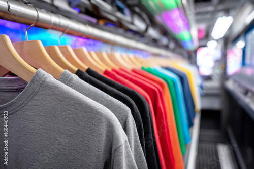 Colorful t-shirts hanging on hangers in the print shop, ready for printing on an industrial digital textile press machine. In close-up, the focus is on one gray T-shirt and other colored shirts. 