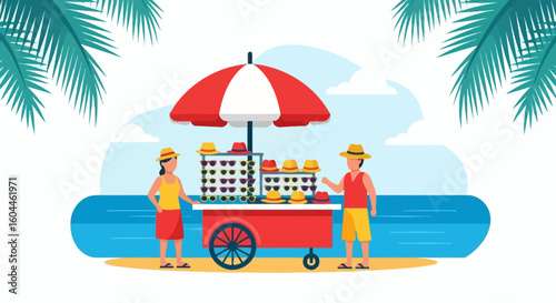 A vibrant illustration of a beachside food cart with two vendors selling burgers.