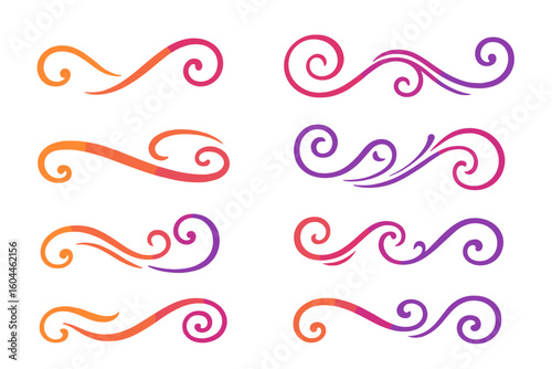 Elegant calligraphic flourish and swirl vector set. Gradient swoosh text dividers and decorative ornaments. Modern curved line art for titles, invitations, and banners.