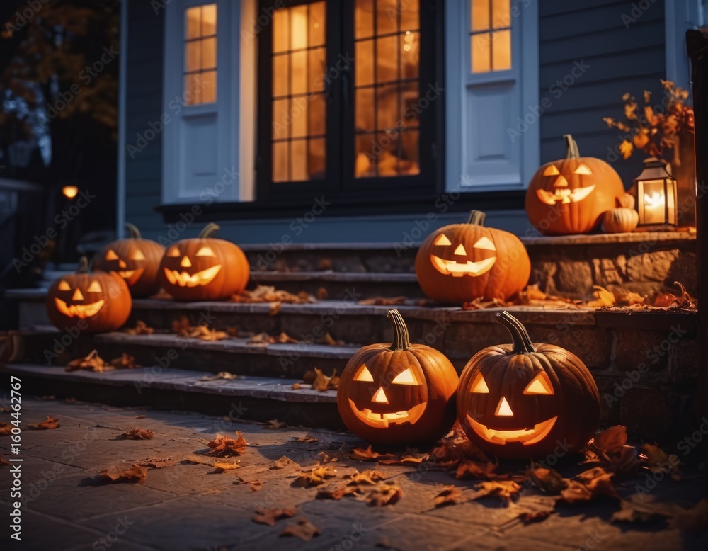 Fototapeta premium Halloween pumpkins near the house on All Saints' Eve