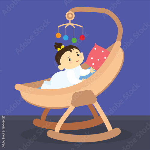 Baby boy in a rocking chair. Vector illustration in cartoon style.