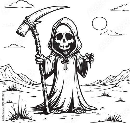 Grim Reaper in Desert Scene: A skeletal figure with a scythe stands in a desolate desert landscape under a vast sky, the Grim Reaper, a symbolic embodiment of mortality, casts a stark figure.