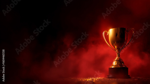 Golden Trophy Shines Award gleams against red backdrop. Symbolizes victory, achievement, success. Use for motivational content, marketing, web design.