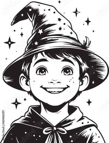 Wizard Boy: A charming illustration of a young boy, dressed as a wizard with a star-studded hat and a captivating smile, ready to cast a spell.
