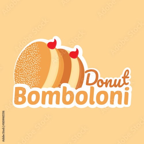 Delicious bomboloni donut logo sticker with creamy filling and cherry topping in cute cartoon style perfect for bakery brand dessert packaging cafe menu or sweet food promotion